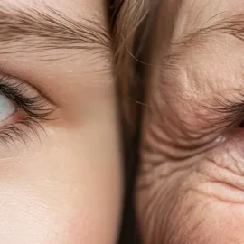 Half of a young woman's face set next to half of an older woman's face