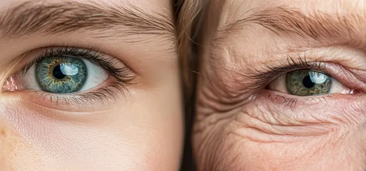 Half of a young woman's face set next to half of an older woman's face