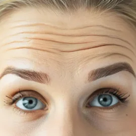 A middle aged woman with raised brows and forehead creases