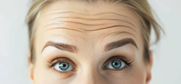 A middle aged woman with raised brows and forehead creases